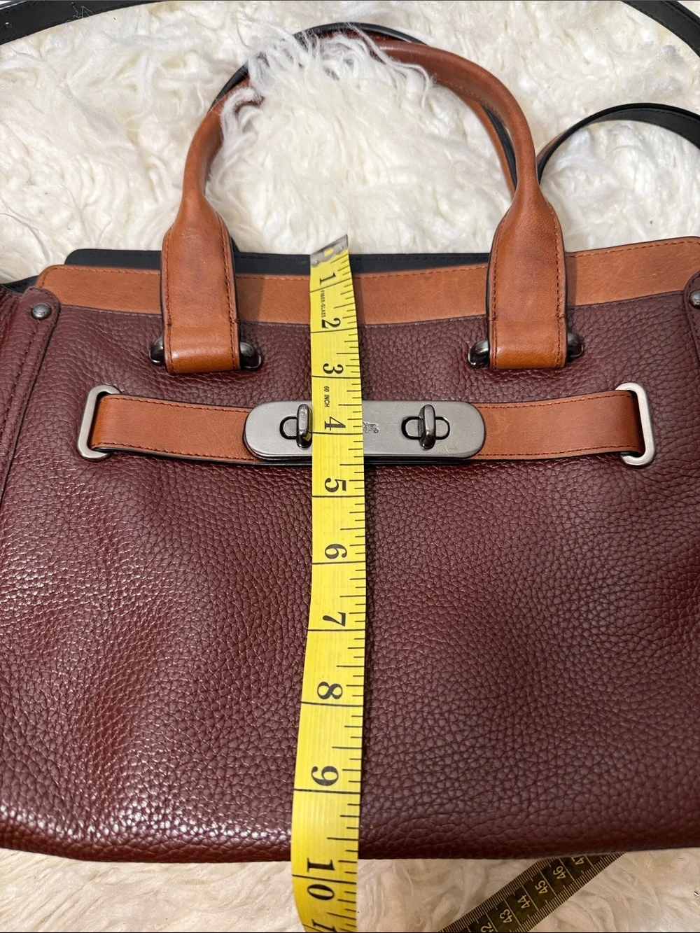 Coach Swagger Saddle & Mahogany Leather Satchel Handbag with Tan Accents medium